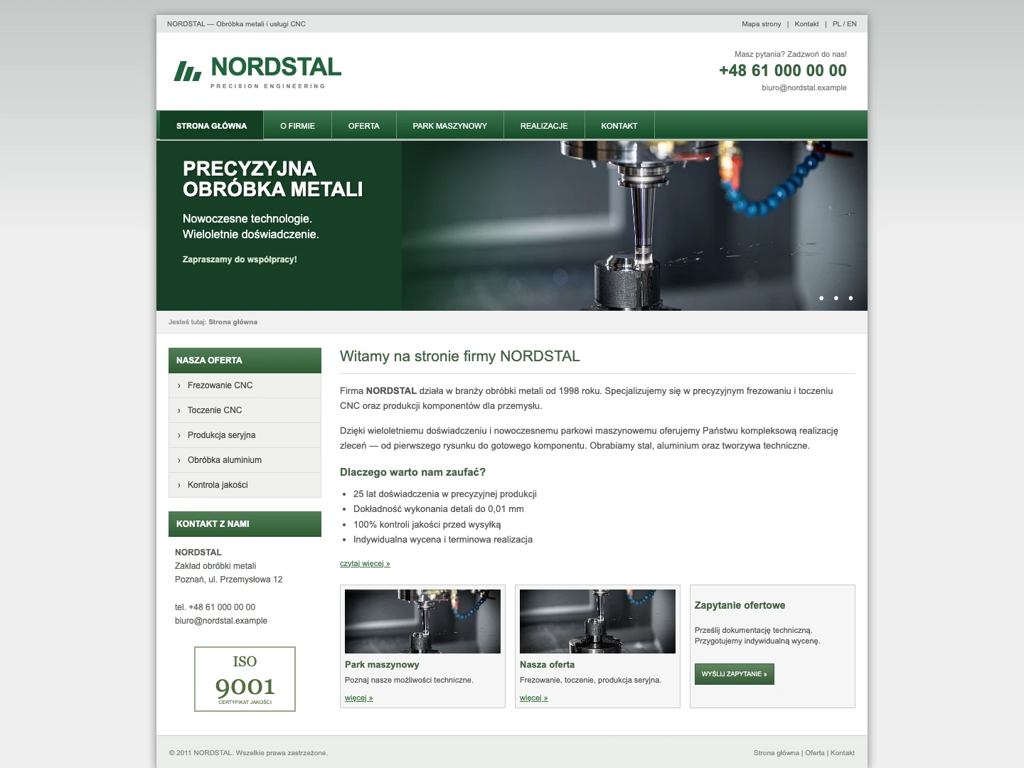 Koncepcja dawnej strony Nordstal: tradycyjny układ i oferta usług obróbki metalu